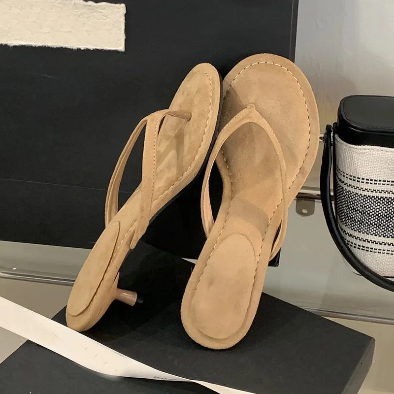 Brand Suede Fashion Slippers For Women Luxury Simple Round Toe Stiletto Mid-heel Versatile New Stiletto Summer Elegant Flip-flop image 3