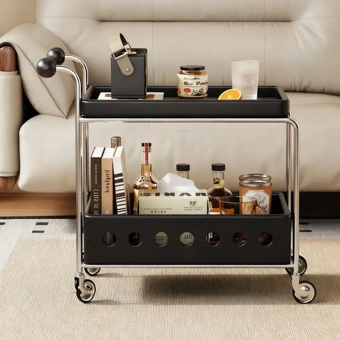 Medieval style movable multi-functional trolley small apartment pure solid wood coffee table side table brake wheel storage
