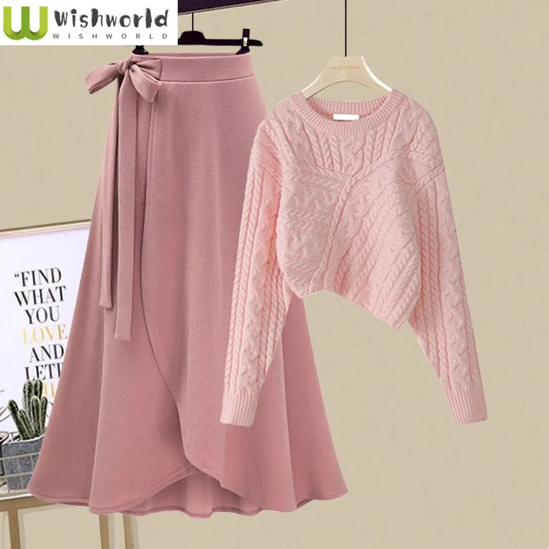 Autumn and Winter Set Women\'s 2023 New Korean Fashion Irregular Short Sweater High Waist Half Skirt Two Piece Set