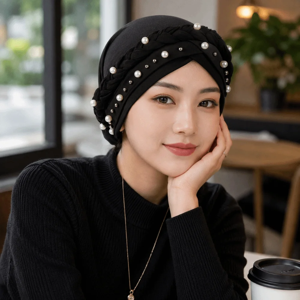New Pearl Bead Pre-Tied Twisted Hijab Lightweight Breathable Imitation Pearl Turban Hat Soft Solid Color Head Scarf Women