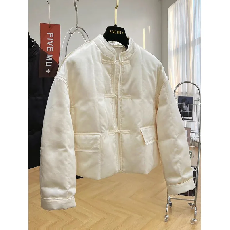

New Chinese Sle Lightweight down Cotton Jaet Stand Collar Silk Surface Retro Button Coat Ele Small Cotton Padded Coat