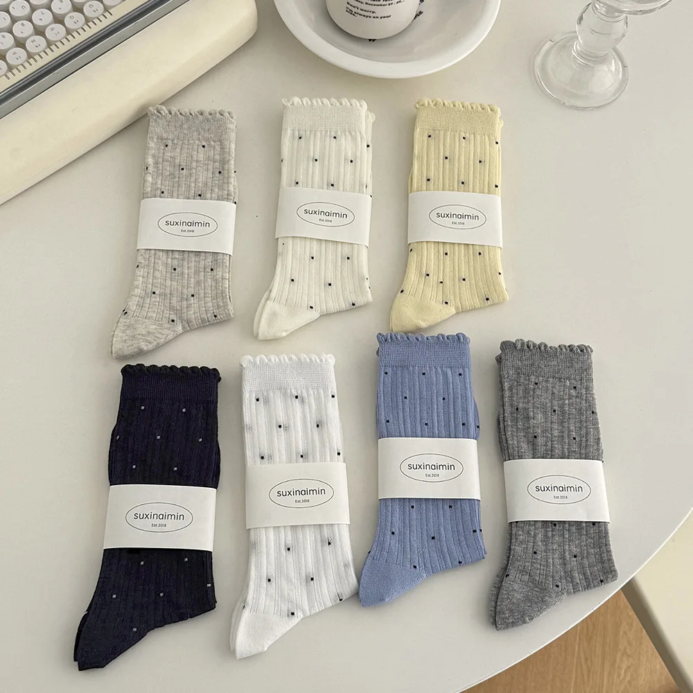 7 paires de chaussettes Coquette mi-mollet pour femmes, ensemble de chaussettes hautes amples à pois, à la mode, en coton, avec une volants, de haute qualité, automne