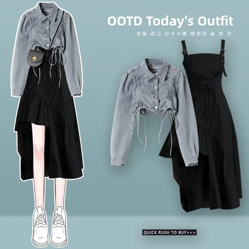 

Autumn Fashion Set Women's 2024 New High-Cold Lady Style Denim Jacket Slimming Asymmetrical Dress Two-Piece Set for Young Women