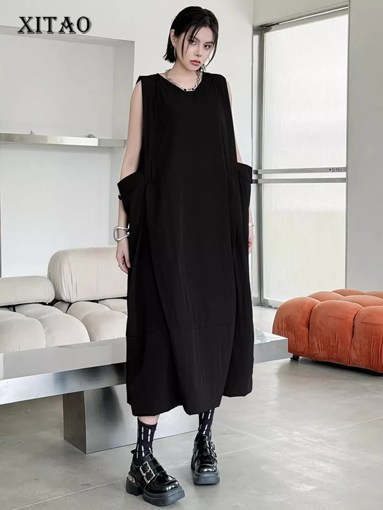

XITAO Pocket Solid Color Dress Vintage O-neck Mid-calf Pullovers Personality Temperament Summer Woman Elegant Dress ZMY1223