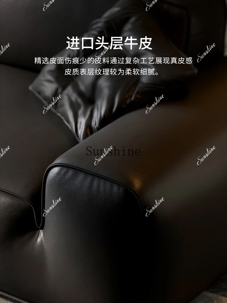 Big black cow Italian minimalist leather sofa living room first layer cowhide tofu block modern  FT
