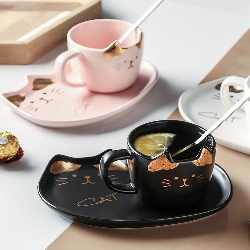 Ceramic Coffee Cup With Saucer Spoon Set Creative Cute Cartoon Cat Tea Cup Breakfast Milk Coffee Mug Bread Dessert Dish Gift