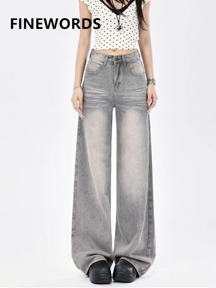 

FINEWORDS потертые серые джинсы с высокой талией Easymatch корейские широкие повседневные винтажные джинсы полная длина уличная одежда мешковатые джинсы в стиле панк