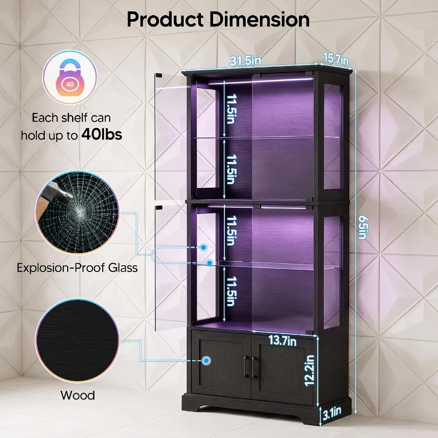 Display Cabinet with Glass Door, 4-Tier Display Case with RGB Lights view 2