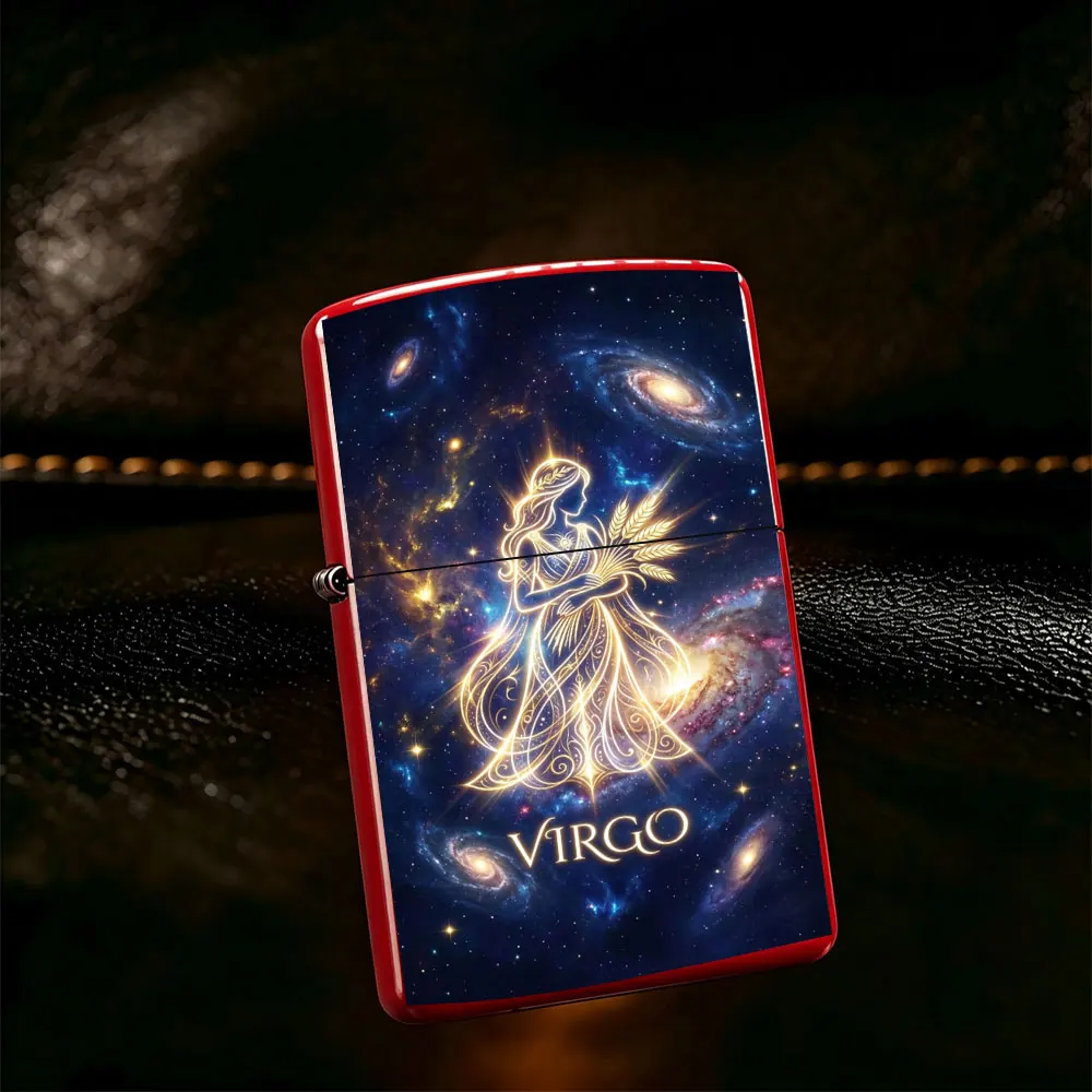 Pocket Lighter, Flip Top Windproof Design, Metal Case, Virgo Woman Holding Wheat Print, Comfortable Grip, Portable & Durable