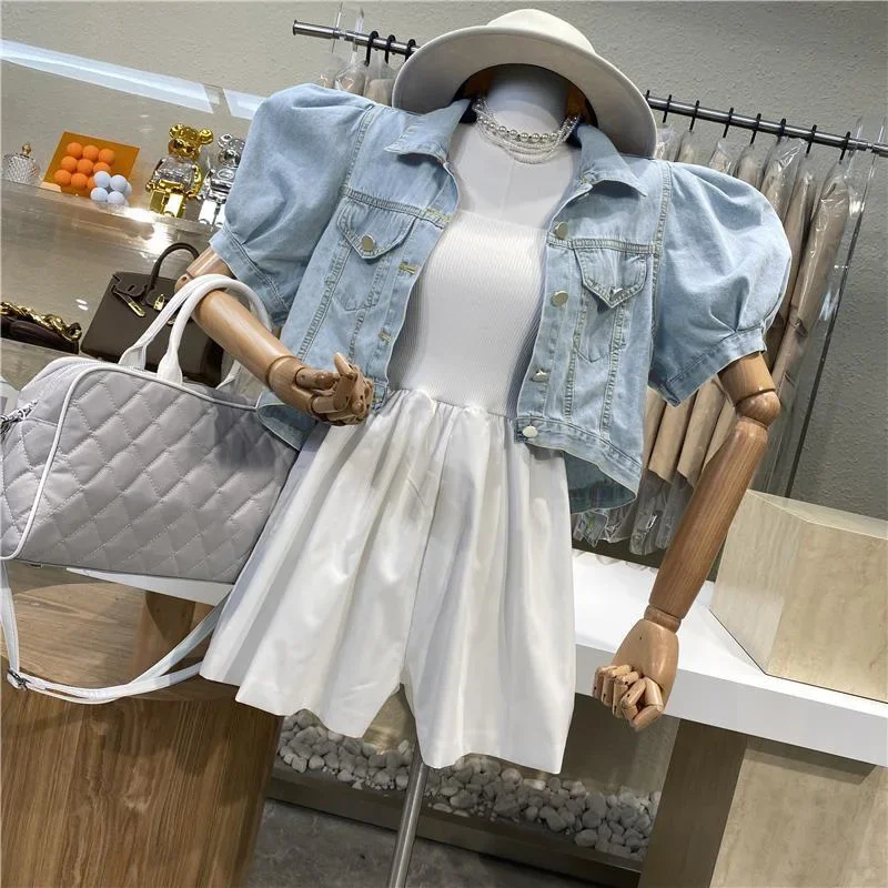 Women Summer Short Denim Jacket Puff Sleeve Top