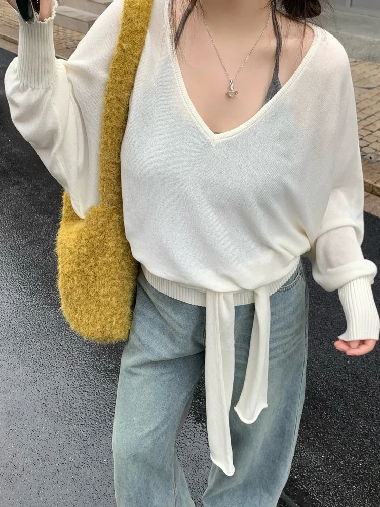 

Вязаный топ Demar с длинным рукавом, V-образным вырезом, повседневный, свободный, больших размеров, с эффектом стройности, с высокой талией, рукавами-фонариками, удобный, модный, женский...