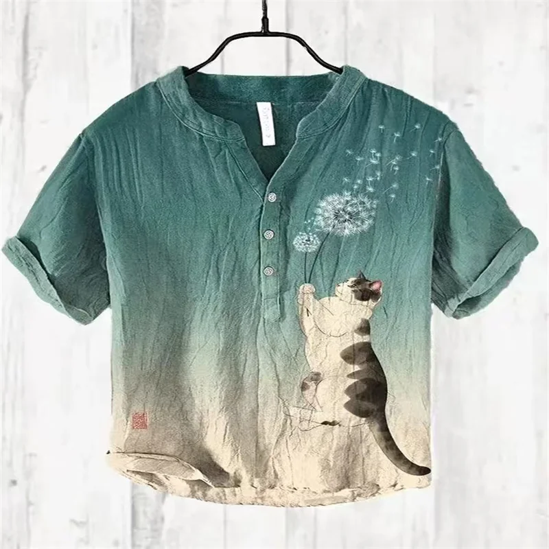 Camisa Henley vintage estampada masculina, gato animal, linho, manga curta, estilo havaiano, meio casaco de lã, botão, camisa gola V, nova, 2024