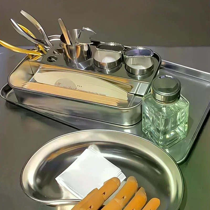 Nail Tool Cleaning and Storage Set with Stainless Steel Box, Desktop Storage Tray and Disinfection Tray for Nail Salon Supplies