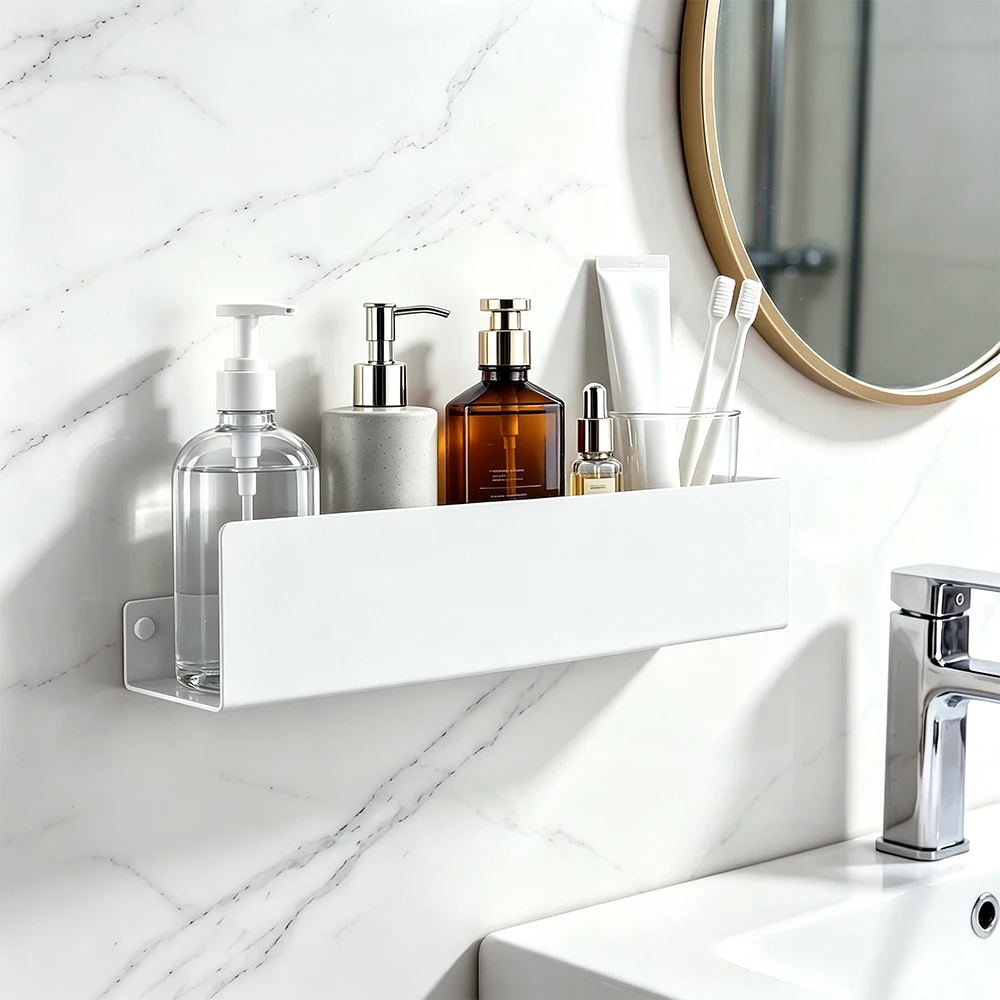 Modern Minimalist Bathroom Shelf Wall Mounted White Aluminum Shower Storage Rack Home Hotel Shampoo & Toothbrush Holder