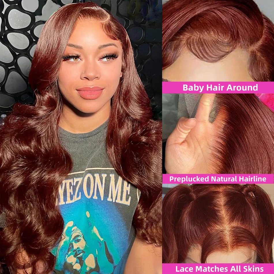 33# Reddish Brown 13x4 Body Wave Human Hair Lace Front Wigs Brazilian 180% Density Auburn Pre Pucked HD Lace Frontal Wigs