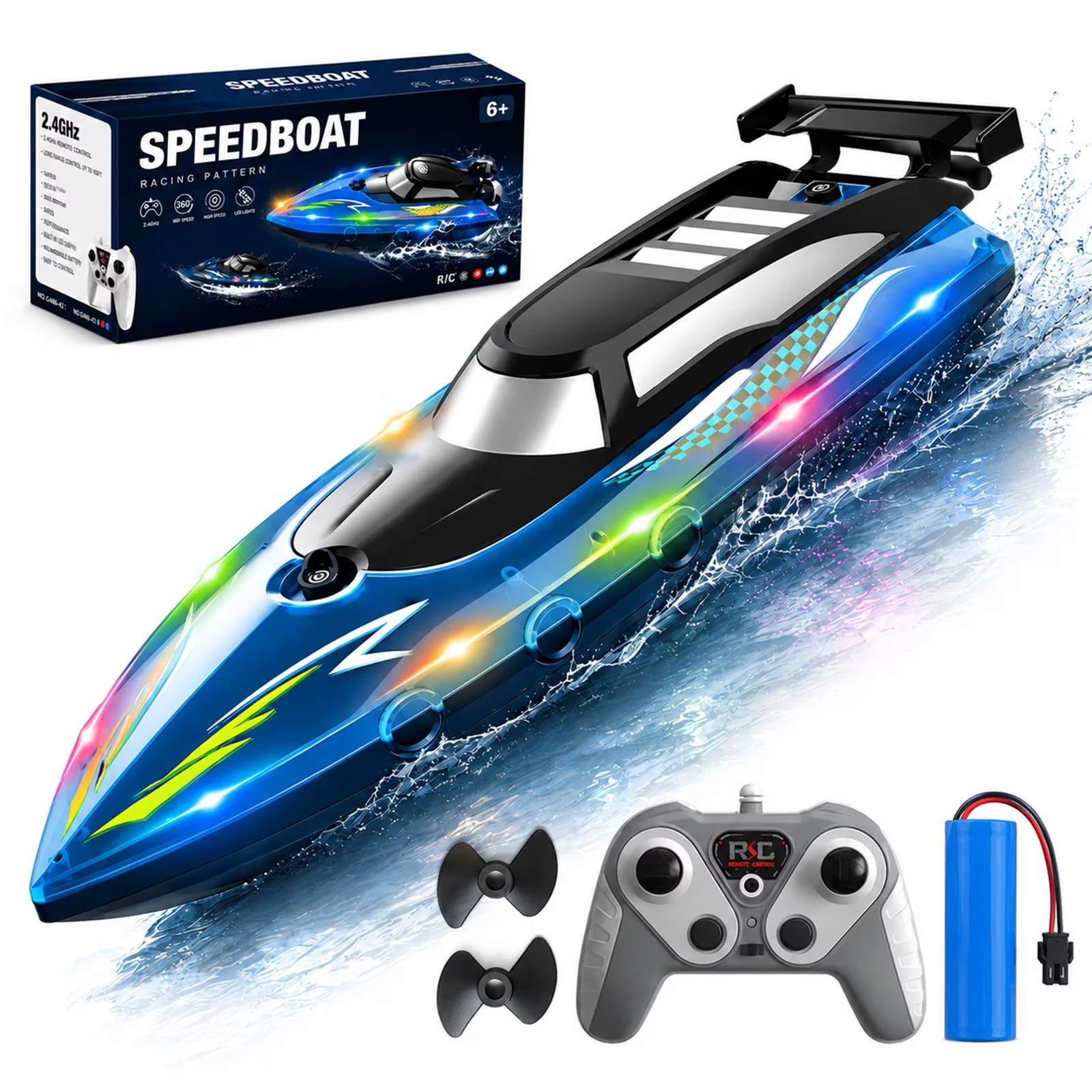 

High Speed RC Boat 2.4GHz Remote Control Racing Speedboat with Dual Motor and LED Lights, Waterproof Toy for Kids Boys Adults