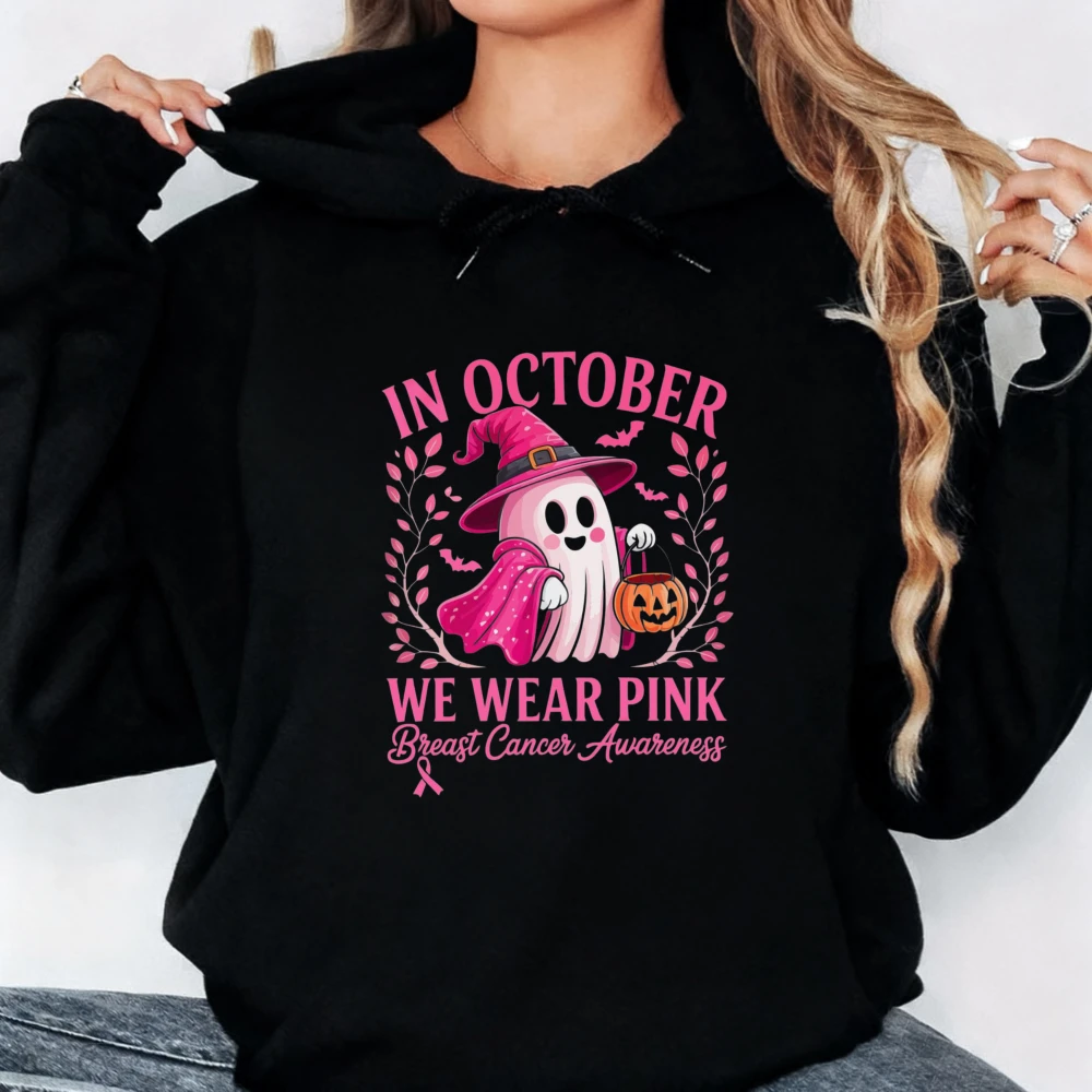 In October We Wear Pink Ghost Sweatshirt Breast Cancer Awareness Haloween Pullover Breast Cancer Awareness Family Support Hoodie