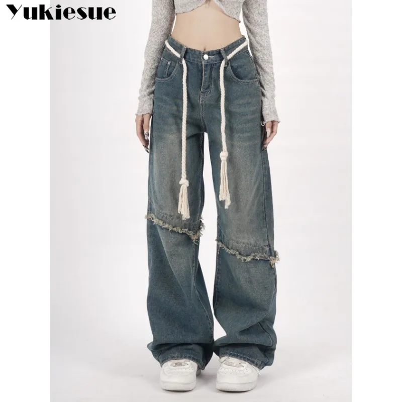 

Streetwear Fashion Patchwork Spring Straight Y2k Jeans Baggy Jeans Woman High Waisted Denim Pants Drawstring Wide Leg Trousers