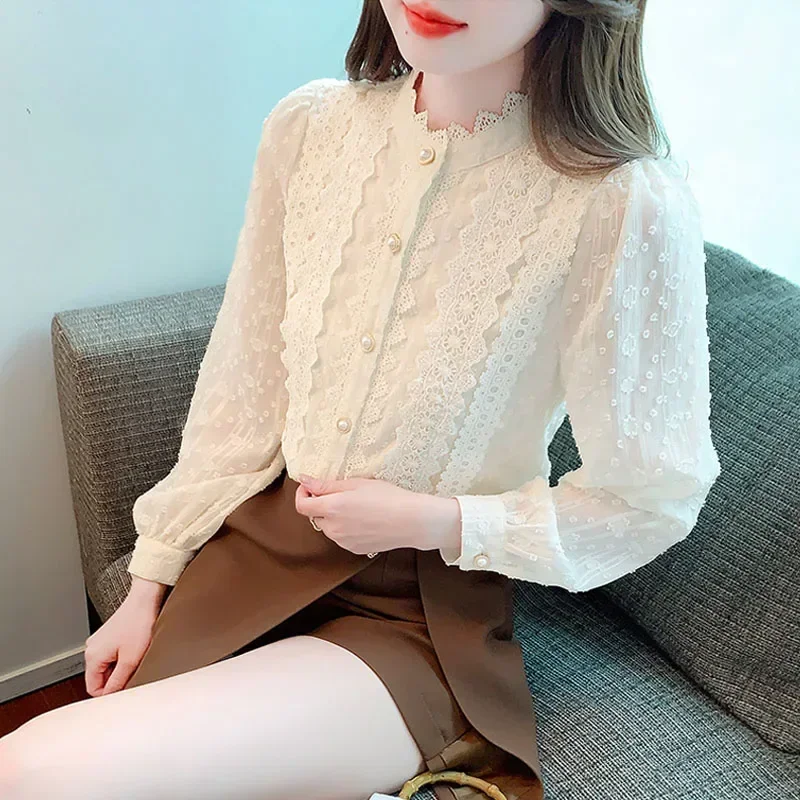 Fashion Long Sleeve White Lace Blouse Shirt Women Tops Blusas Mujer De Moda 2024 Elegantes Stand Collar Blouse Women Blusa H255