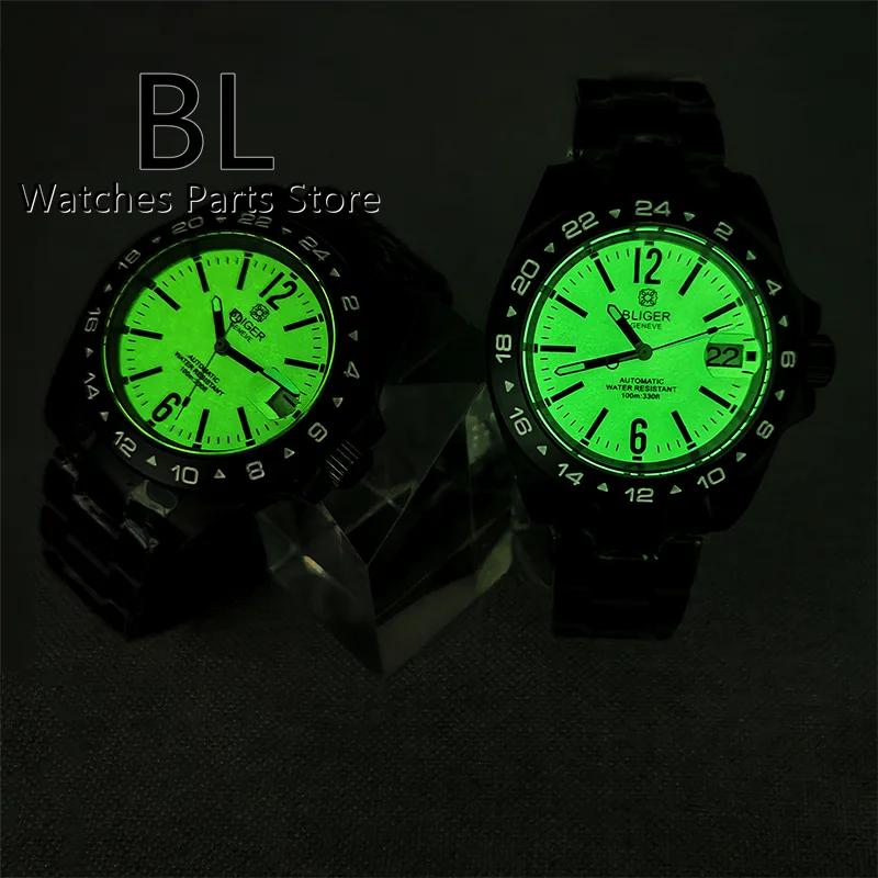 BLIGER New 40mm Men\'s Watch NH35 Automatic Movement Mechanical Wristwatch Black Case Fluorescent Green White Dial Full Luminous