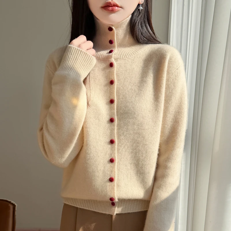 

Женский кардиган с высоким воротником на осень-зиму, из 100% мериносовой шерсти, высококачественный повседневный однотонный свитер, верхняя одежда для женщин