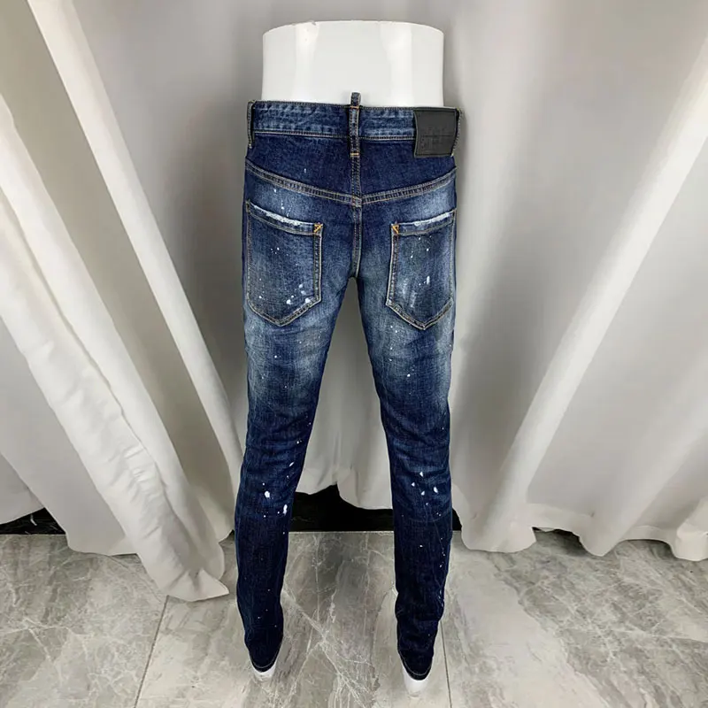Men Retro Blue Faded Wash Black Patch Distressed Hole Elastic Slim Denim Jeans Urban Punk Casual Fashion Denim Jeans hombre