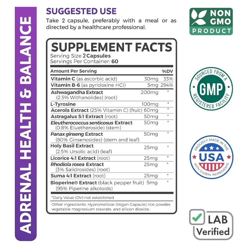 دعم الأدرينال ومدير كورتيسول مع L-Tyrosine و Ashwagandha - يحافظ على مستويات كورتيسول المتوازنة - مكمل التعب