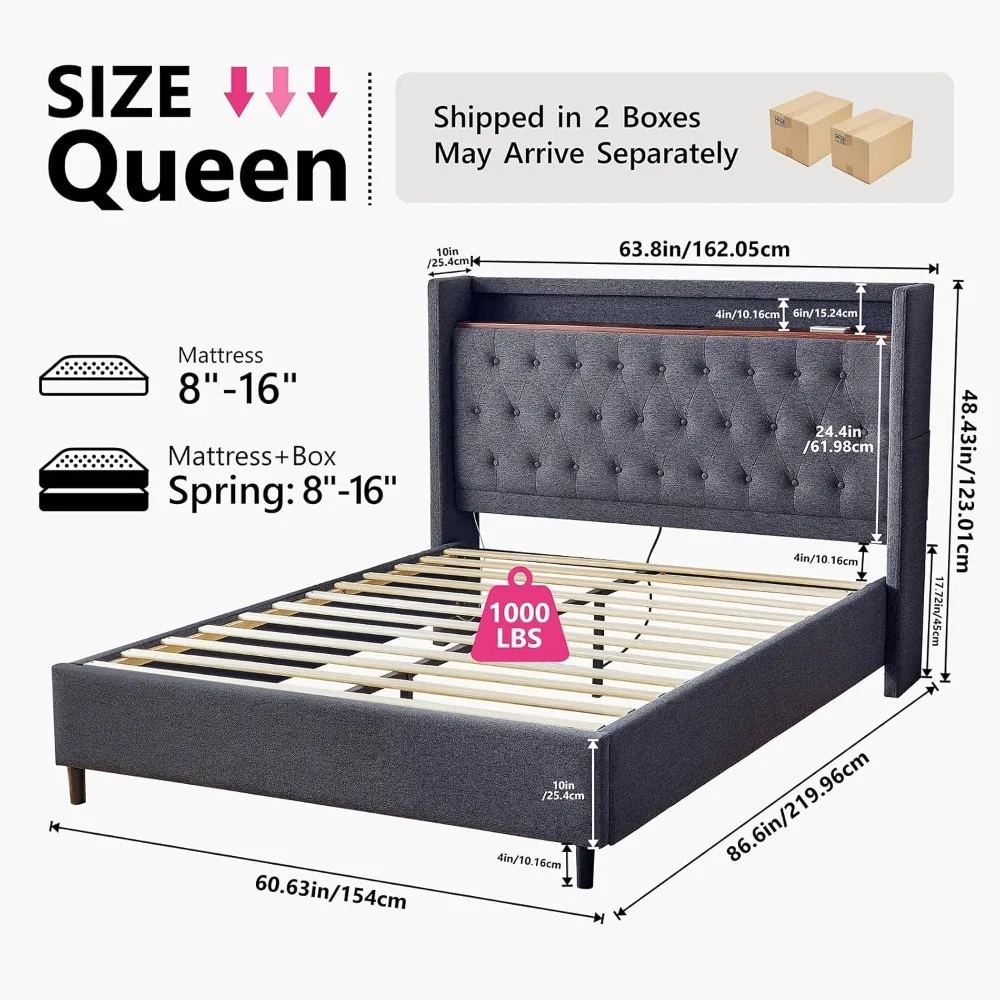 Bed Frame with Headboard, Upholstered , Bed Frame with LED Lights and Charging Station, Tufted