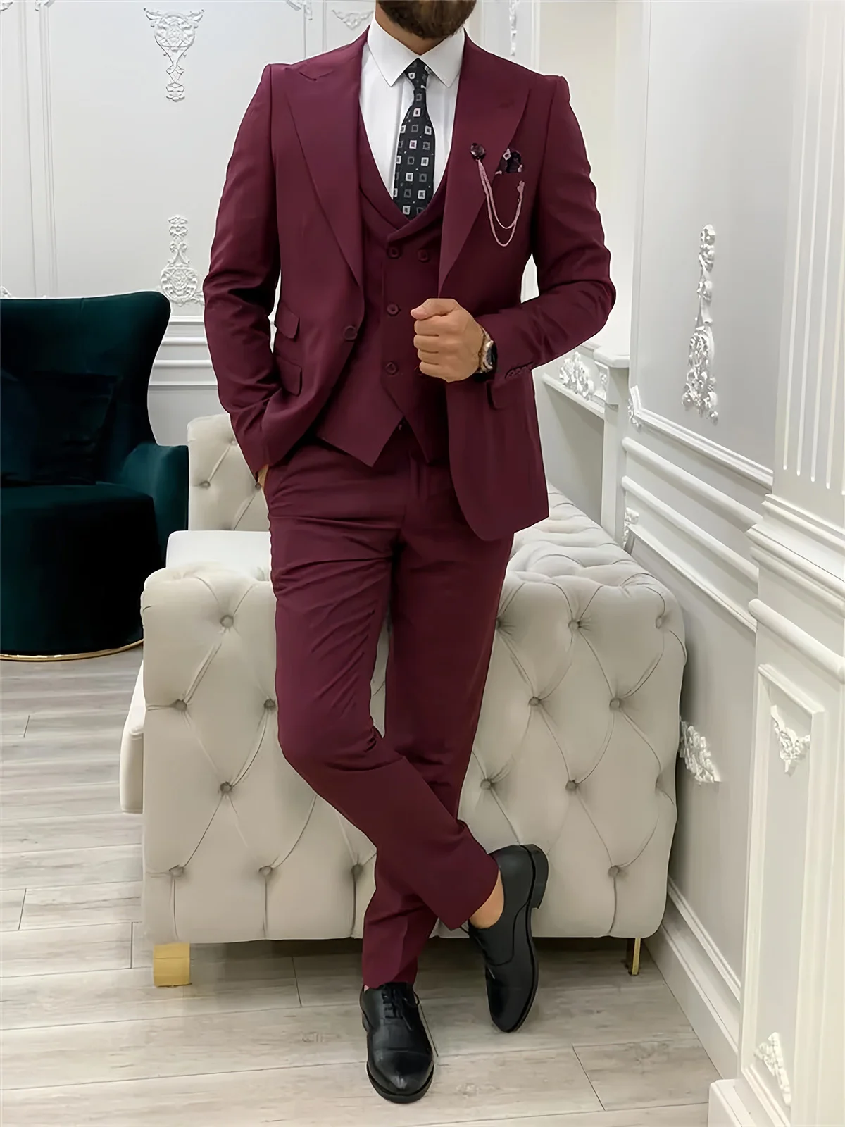 

Бордовый умный повседневный мужской костюм Slim Fit двубортный однотонный пиджак 3-х предметный костюм для мужчин Trajes De Hombre костюм для мальчиков