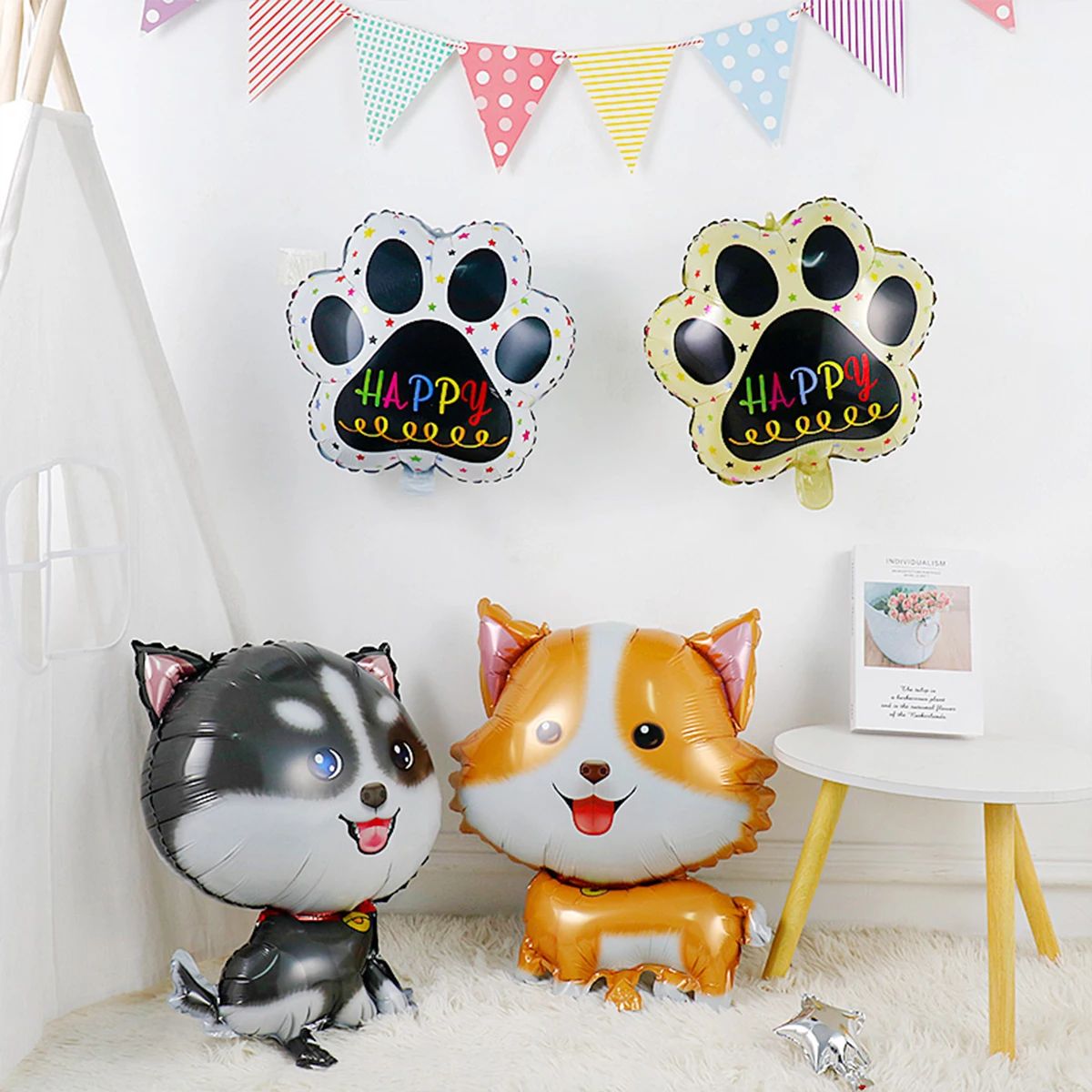 6pcs Cute Dog Happy Birthday Foil Balloon Set, Contains Animal Shape Dog Birthday Party Decorations, Let's Pawty Decorations