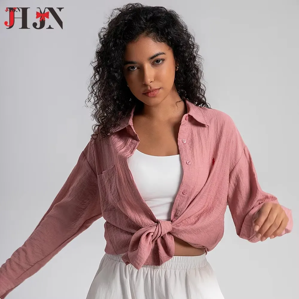 JHJN 2025 Casual Turn Down Collar Long Sleeve Top Office Lady Elegant Blouses for Women 100% Cotton Gauze Muslin Women Shirts