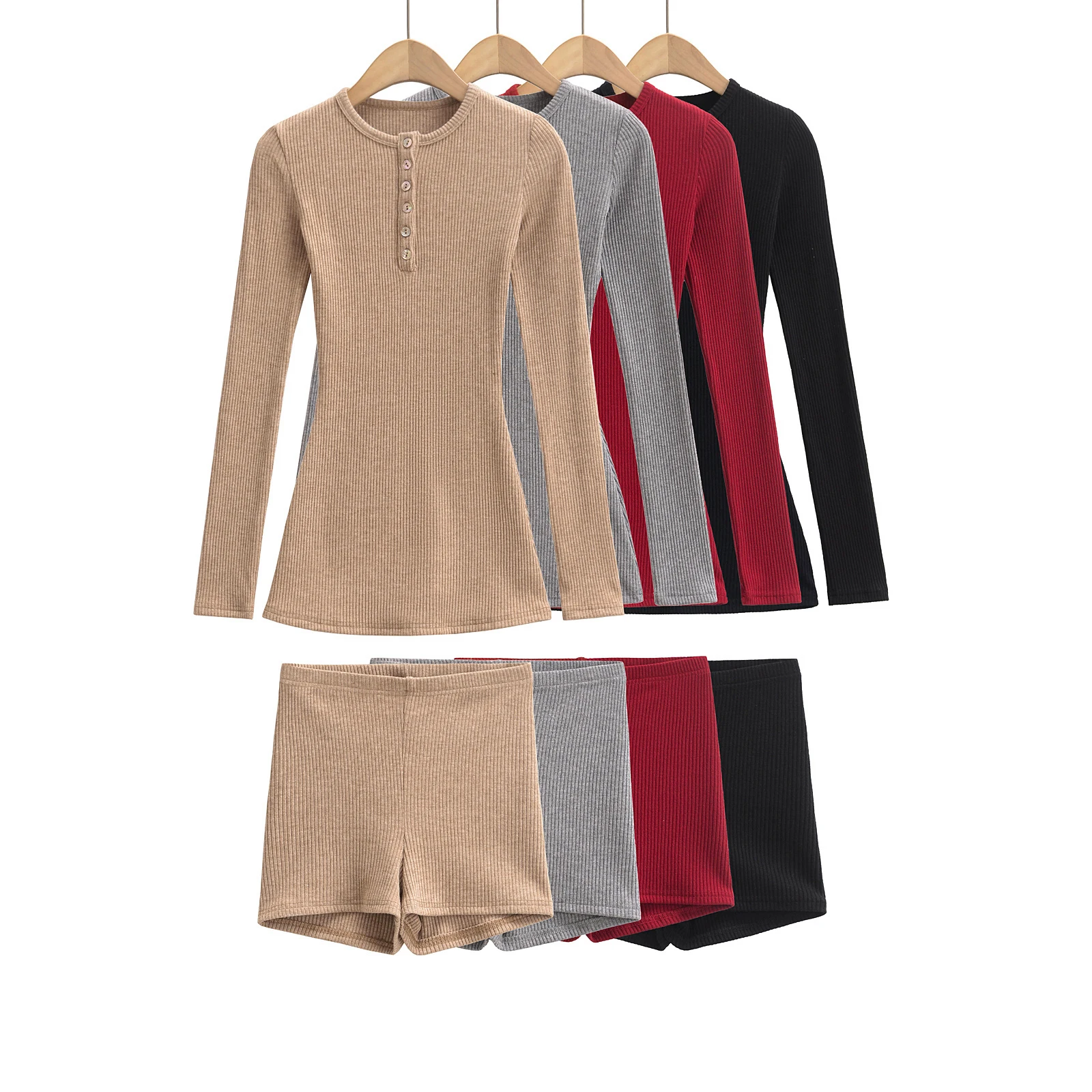 

2 pieces 1 set American Retro Open Buttons O neck Long Sleeve Rib Knitting Sweater + Skinny Elastic Waist Mini Shorts Suits