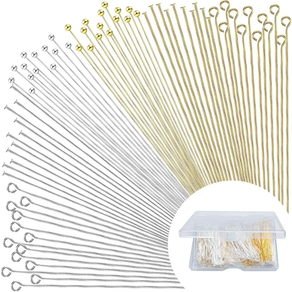 600pcs Flat Head Eye Bead Pins for Jewelry Making DIY Straight Headpin Golden and Slivery Metal End Headpins for Craft Supplies