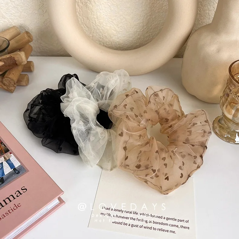 الكورية شبكة حبل الشعر مع طباعة القلب ، ذيل حصان شفاف تول ، رومانسية الشعر التعادل ، اكسسوارات الصيف ، Hot