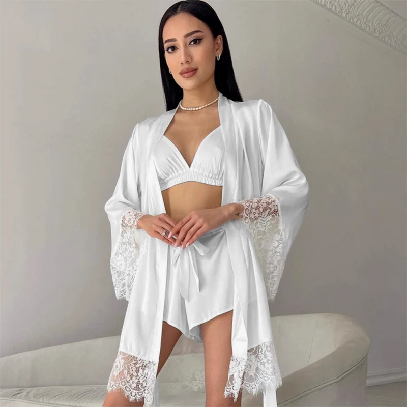 

Women's Sexy Night Gown Robe V-Neck Satin Lace Bathrobe Half Sleeve Nightdress Female French Sexy Silky Satin Sleepwear