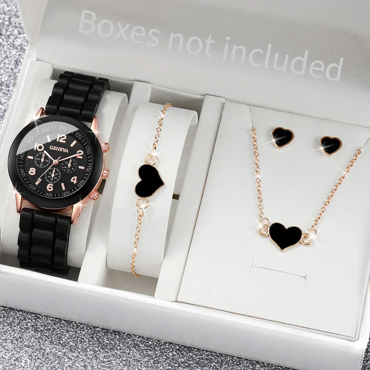 4PCS/Set Geneva Watch Fashion Silicone Band Women Watches Heart Jewelry Set ( Without Box ）