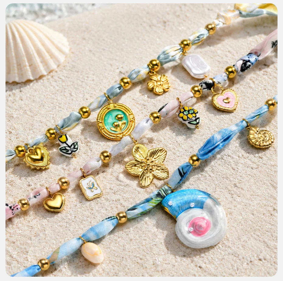 Vnox Boho Keramik-Blumenherz Imitationsperlen-Seidenschal-Halskette, vergoldete Harz-Muschel-Anhänger Schlüsselbeinkette Strand-Schmuck – Detail 7