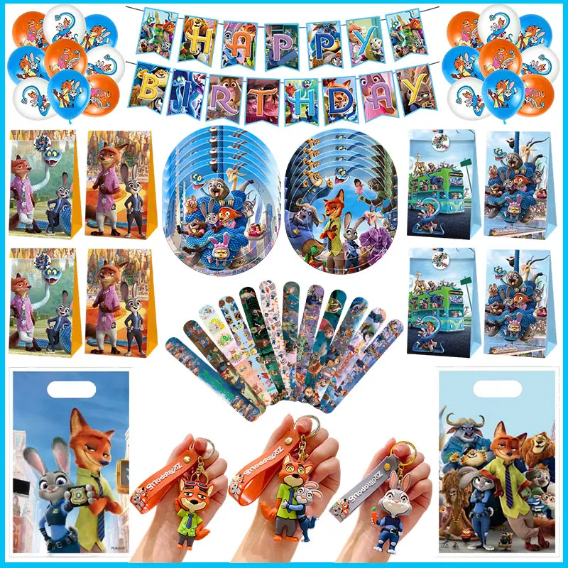 Zootopia2 décoration de fête d'anniversaire Nick Jude tasse assiette serviette nappe Zootopia fournitures de fête ballon sac cadeau Bracelet à pression