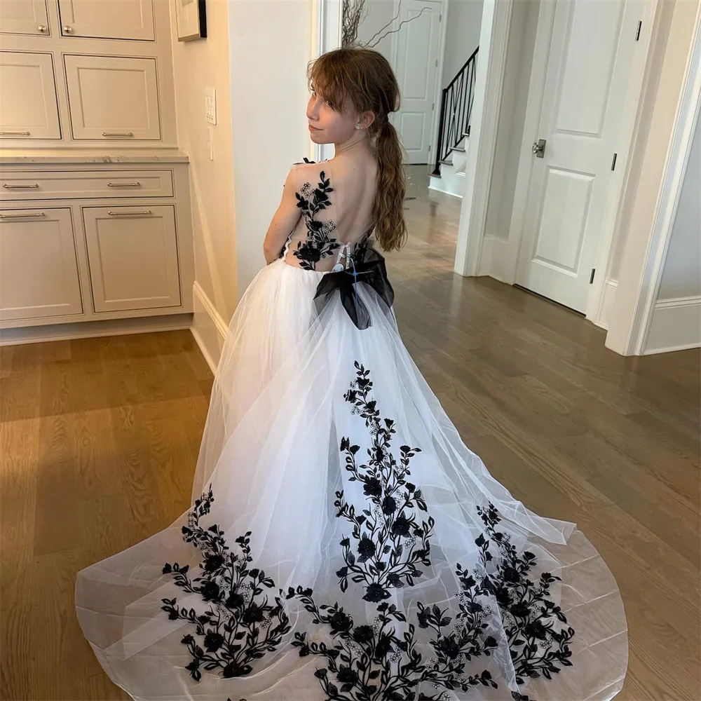 Vestido de niña de flores estilo princesa con apliques de tul, largo hasta el suelo, elegante, sin mangas, clásico, formal, para primera comunión, personalizado
