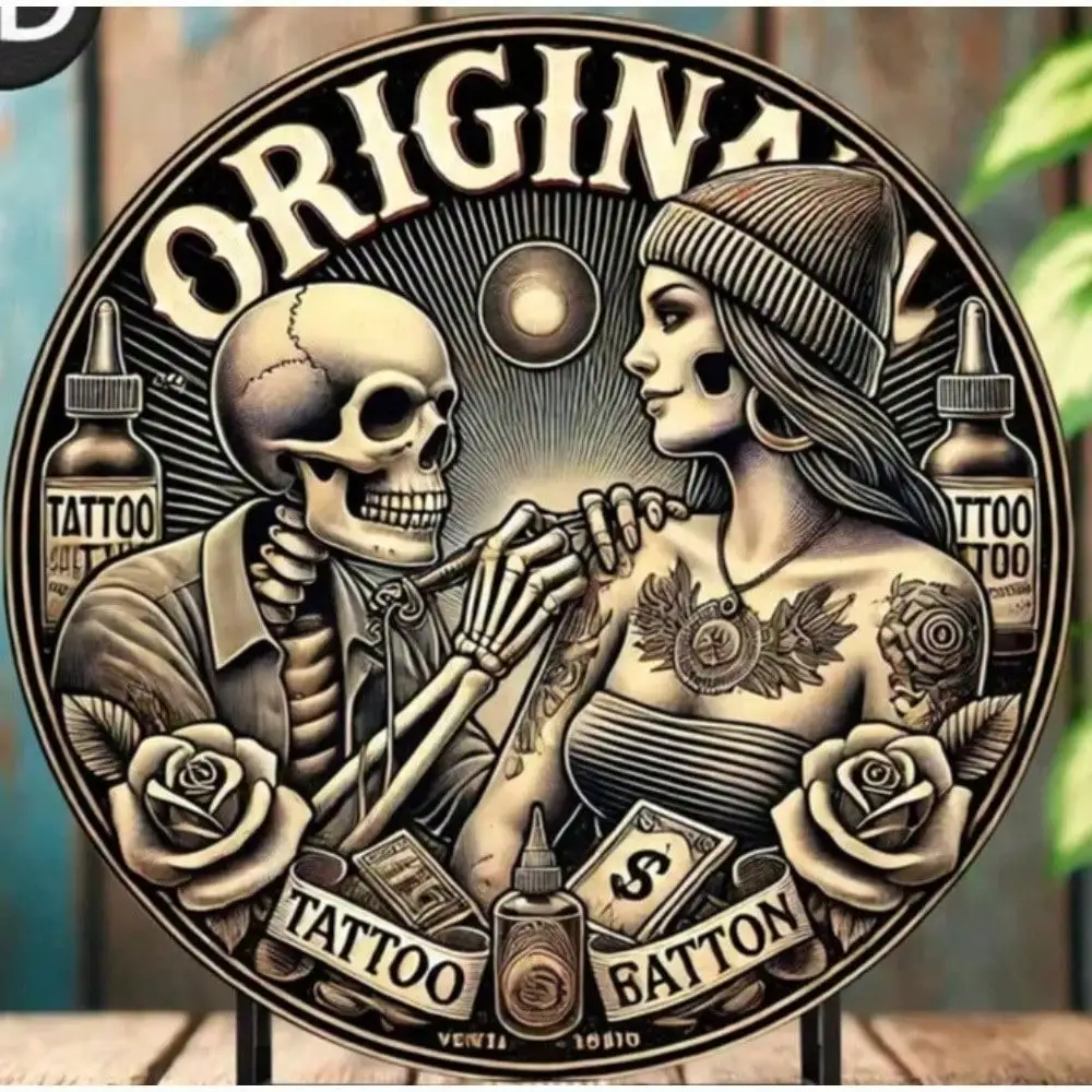 SakarRetro Rundes Aluminium-Metallschild, Vintage-Tattoo-Studio-Dekoration, wetterfest, für Zuhause, Garage, Bar, Wand