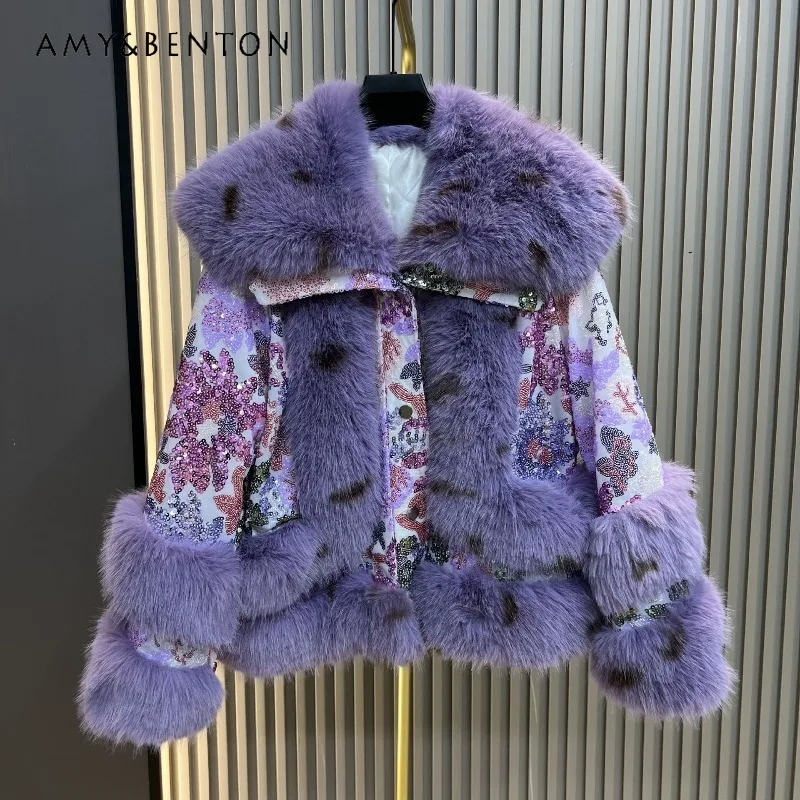 

Faux Fox Fur Coat For Women's 2025 Autumn Winter New Fashion Sequin Thickened Cotton Sweet Temperament Furry Jacket Outerwear