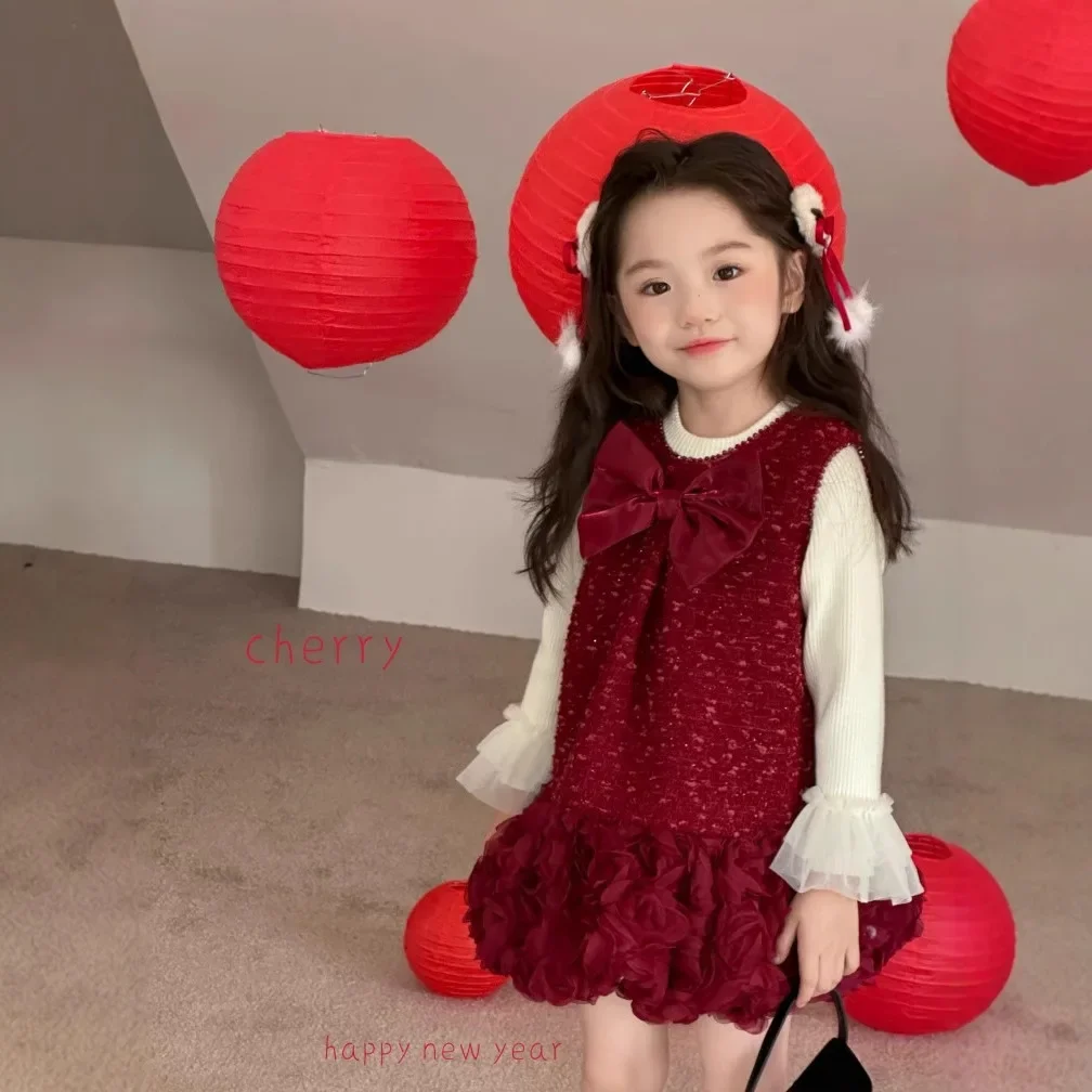 

Платье принцессы для девочек, новинка осени и зимы 2024, детское платье на Рождество и Новый год, красное платье-жилет с бантом, детское платье 90-130 см