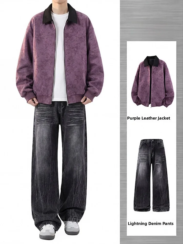 

Мужской комплект из двух предметов: куртка из искусственной кожи с эффектом окрашивания и бархатистой текстурой, весенний OOTD, премиальный вид, стильный и эффектный, для подростков