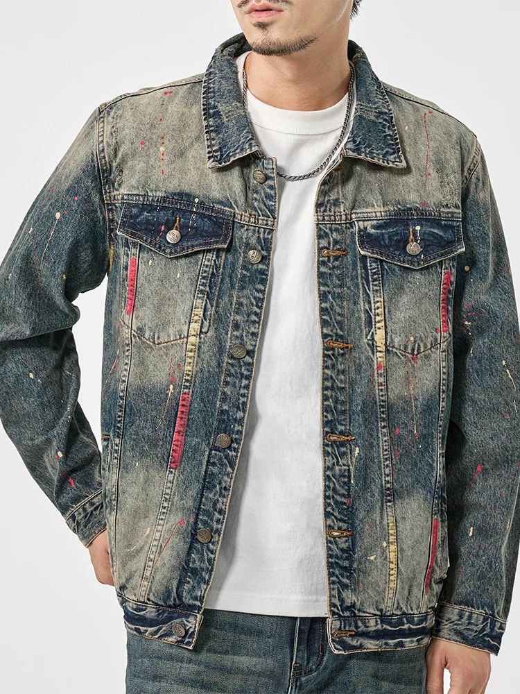 High-end personality graffiti American casual denim jacket men's high street tide retro loose jacket tops streetwear