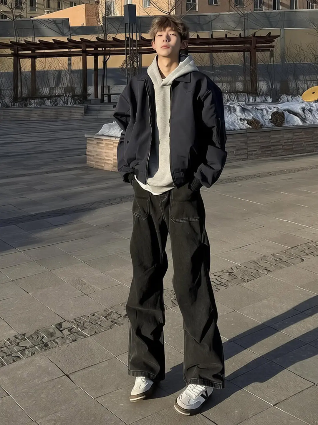 

Cleanfit Black Pleated Men's Jeans Straight Leg Workwear Pants Spring American High Street Style Casual Youth Fashion