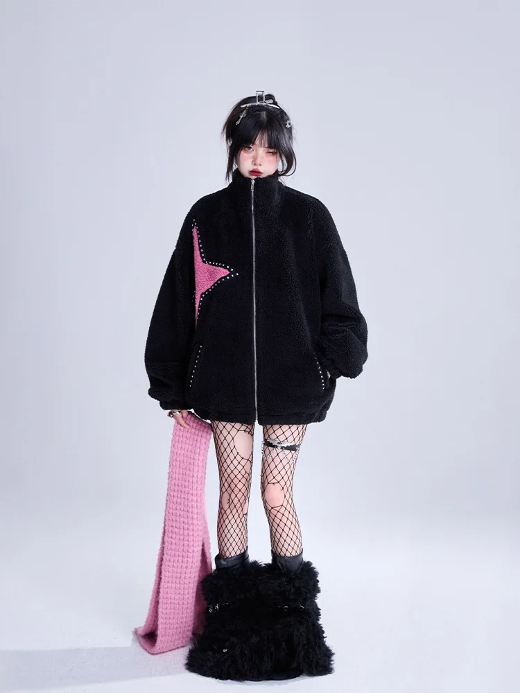 

Bla Lamb Fur Open Cardigan Coat Women's Loose High Collar Warm Cotton Clothes Autumn Season Soft Cozy Fem Outerwear