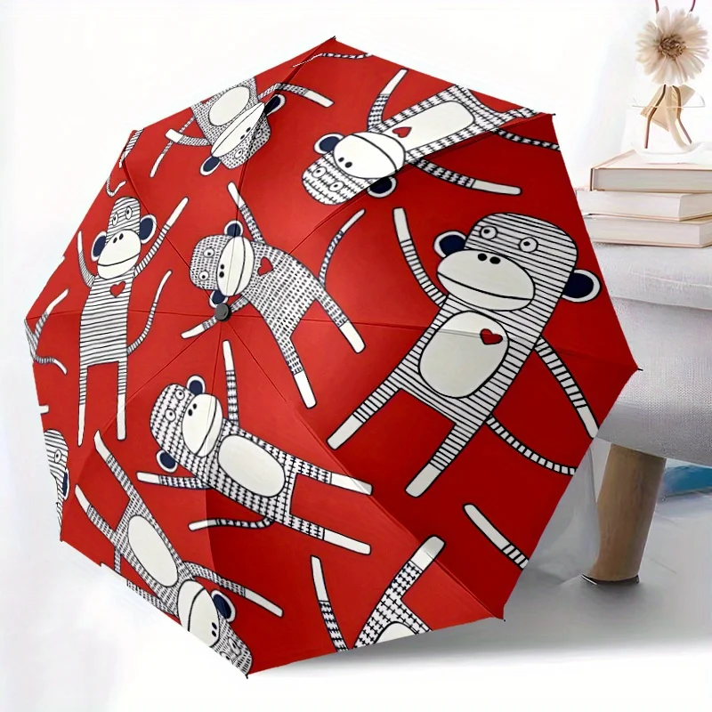 

Автоматический складной зонт на все сезоны с милым принтом обезьянки, красно-белый дизайн, прочная 8-спицевая конструкция, 1 шт.