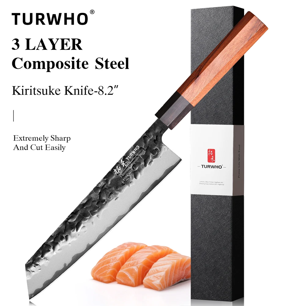 TURWHO Japanese Kiritsuke Chef Knife, 8.2 Inch, 3-Layer Composite 10cr15mov, Ebony and Rosewood Handle, Kitchen Meat Slicing Kni