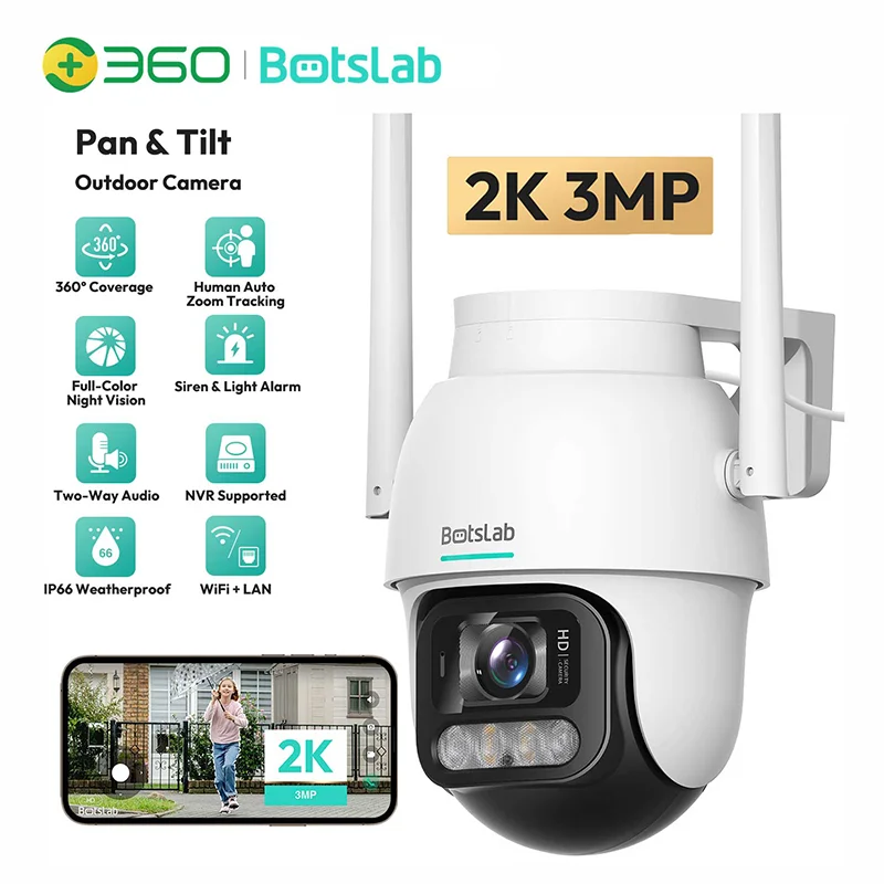 Botslab 2K 3MP HD Outdoor Camera Wireless PTZ Smart Home Wi-Fi Camera CCTV Night Vision Siren and Light Alarm IP66 Weatherproof