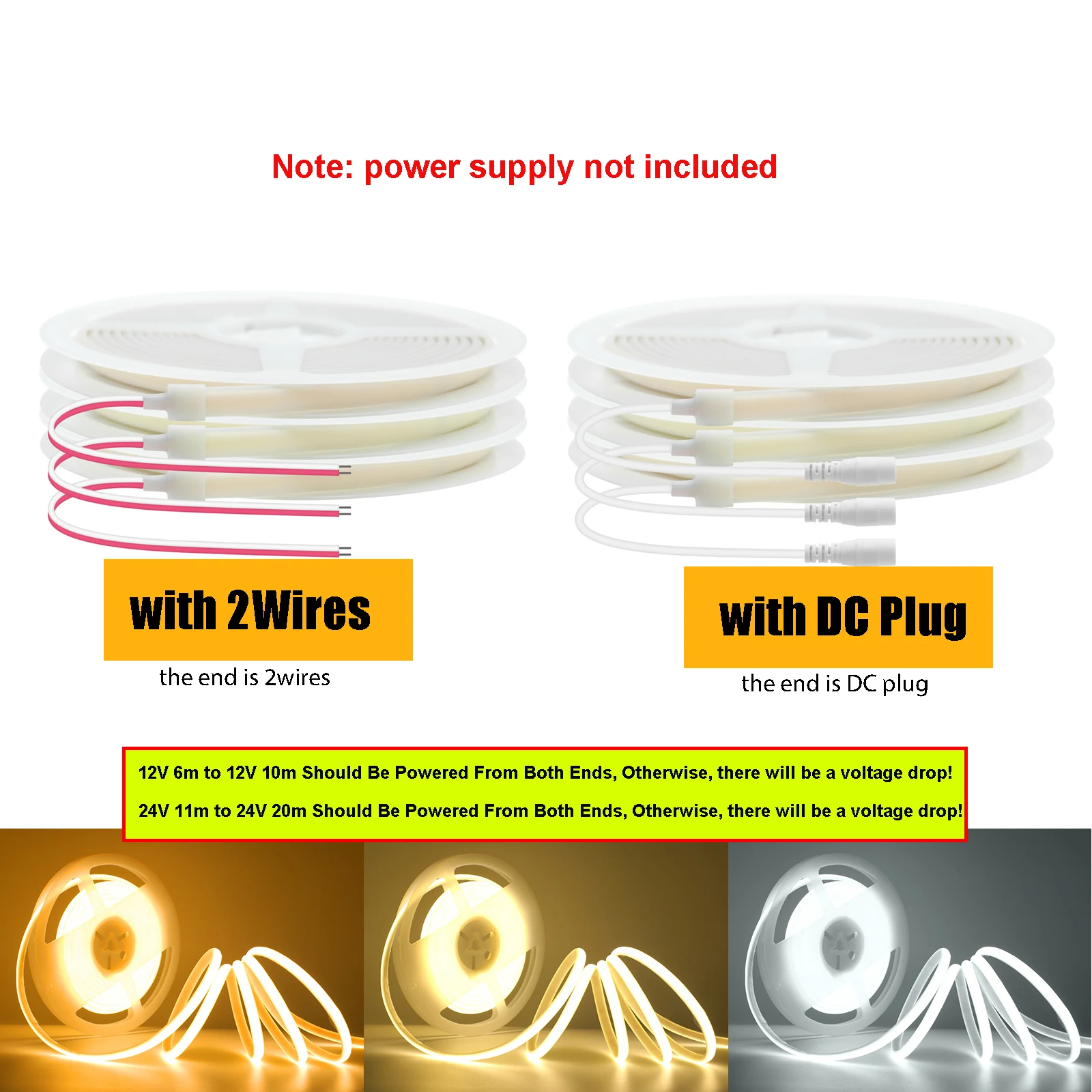 DC12V 24V COB Lampu LED Strip 320LED/M RA90 IP67 Pita LED Tahan Air untuk Kabinet Dapur Taman Tangga Pencahayaan Ruangan